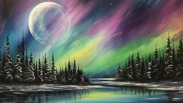 Una pintura de un cielo nocturno con luna verde y árboles.