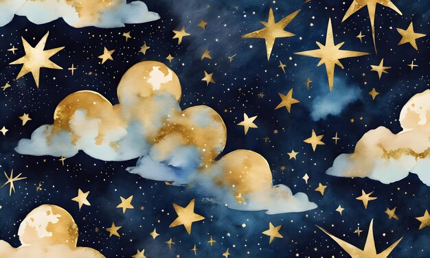 Foto pintura de cielo nocturno para niños con acuarela, estrellas doradas, fondo, postales, obras de arte, tarjetas de regalo, decoración.