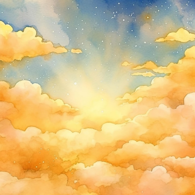 Una pintura de un cielo con nubes y el sol.