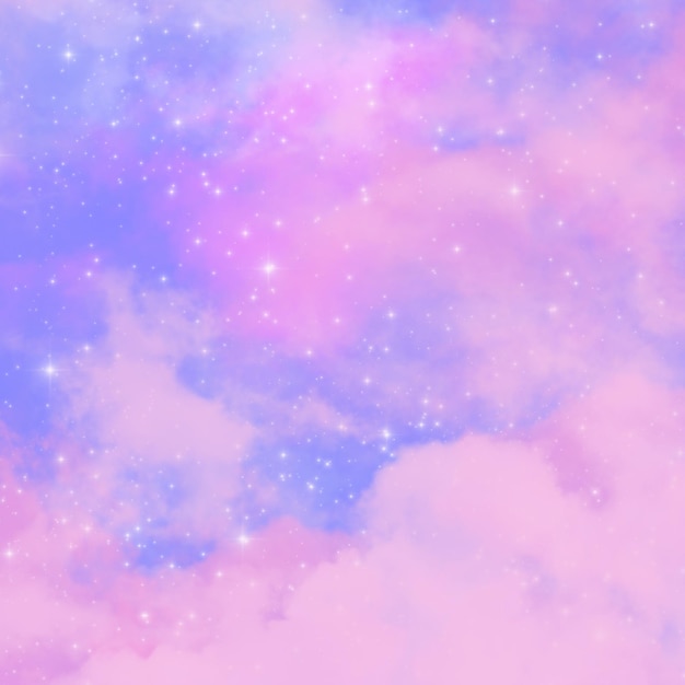 una pintura de un cielo rosa y púrpura con nubes y la palabra estrellas