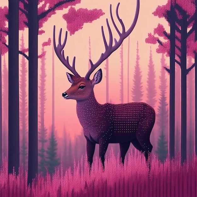 una pintura de un ciervo con el bosque y fondo rosa