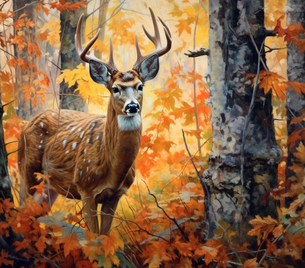 Foto pintura de un ciervo en un bosque con hojas de otoño generativo ai