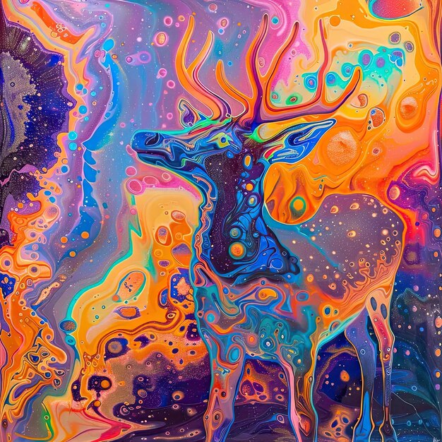 Una pintura de un ciervo con un fondo colorido