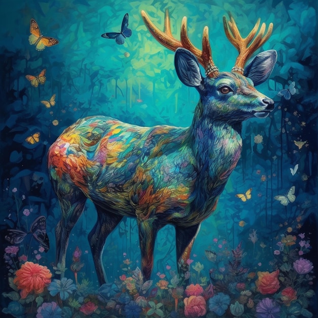 Una pintura de un ciervo con mariposas en la espalda.