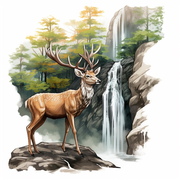 pintura de un ciervo parado sobre una roca cerca de una cascada generativa ai