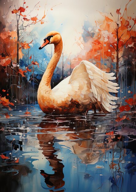 una pintura de un cisne en el bosque con hojas de otoño