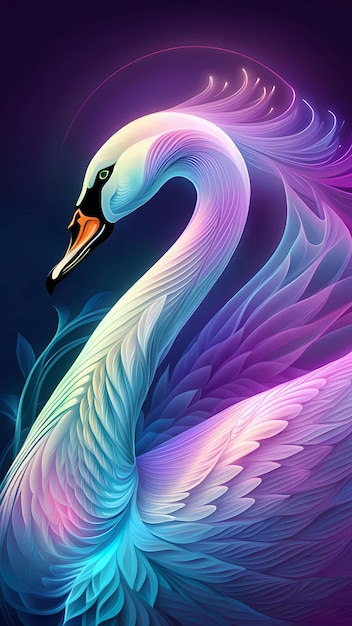 una pintura de un cisne con una cabeza morada y verde.