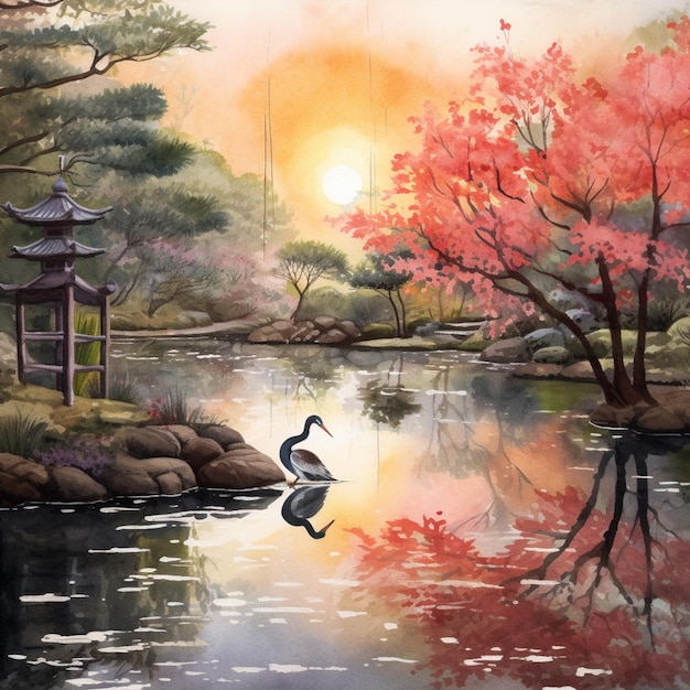 Pintura de un cisne en un estanque con una pagoda de fondo ai generativo