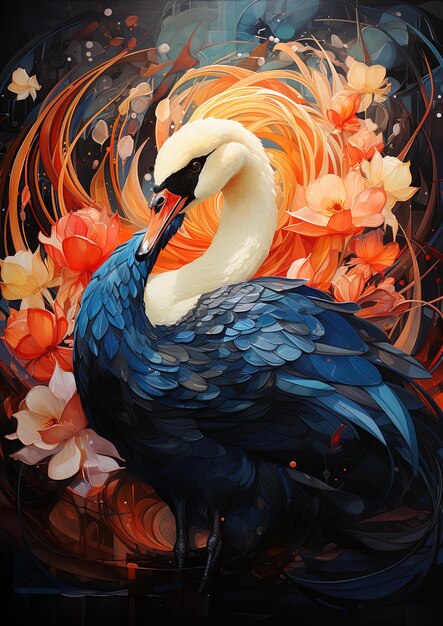 Una pintura de un cisne con flores y una pintura de un Cisne