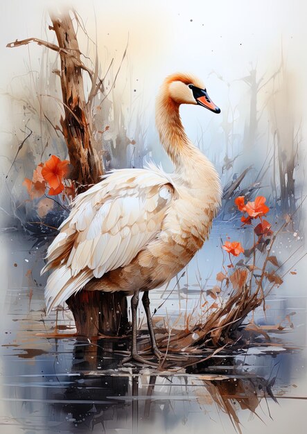 una pintura de un cisne con la palabra cisne en él