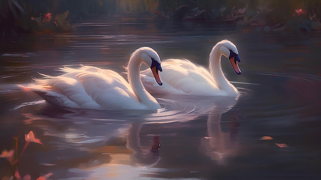 Una pintura de cisnes en un lago.