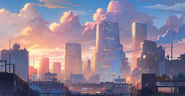 Una pintura de una ciudad al atardecer Imagen generativa de IA