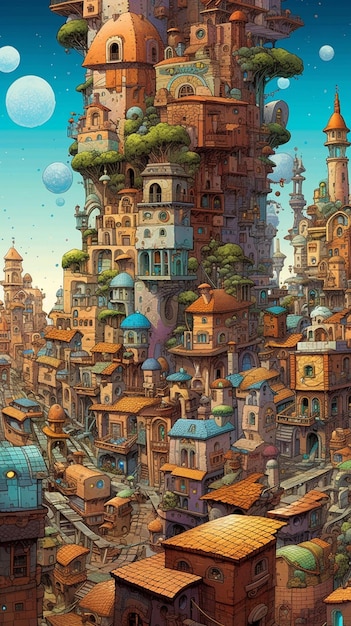 Una pintura de una ciudad con un castillo.