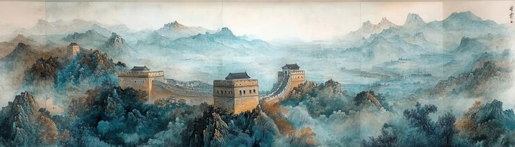 una pintura de una ciudad china con una imagen de una montaña en el fondo