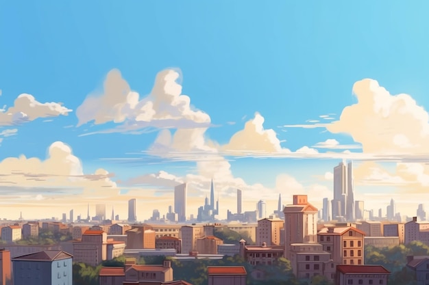 Una pintura de una ciudad con un cielo azul y nubes.