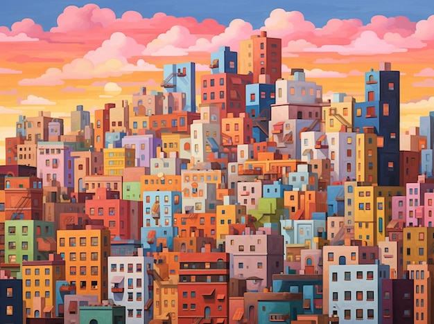 una pintura de una ciudad con un cielo colorido y edificios.
