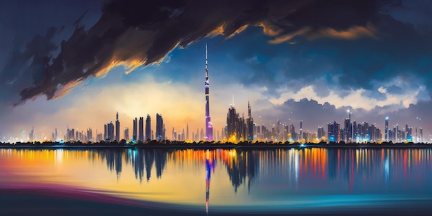 Una pintura de una ciudad con un cielo nublado y el horizonte de Dubai.