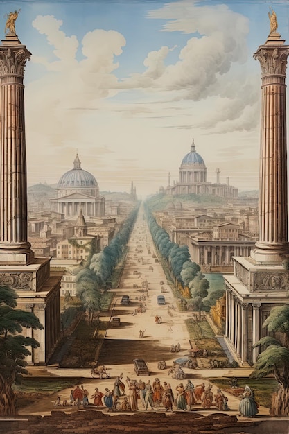 una pintura de una ciudad con columnas y un coche conduciendo