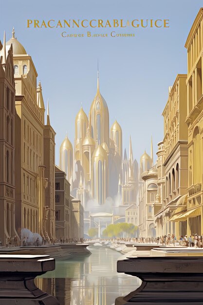 una pintura de una ciudad con un edificio en el fondo