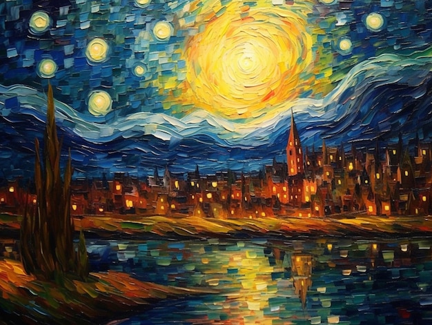 Una pintura de una ciudad con estrellas en el cielo.