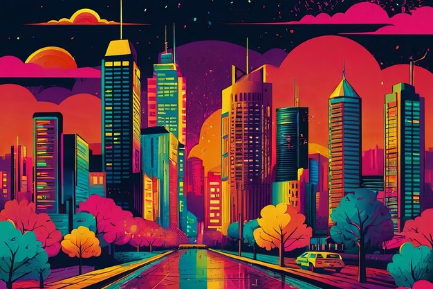 una pintura de una ciudad con un fondo rojo y un paisaje urbano en el fondo