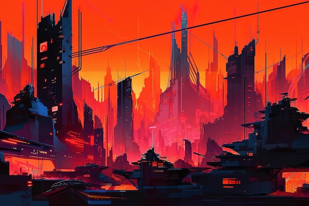 Una pintura de una ciudad con un fondo rojo y las palabras "cyberpunk" en la parte inferior.