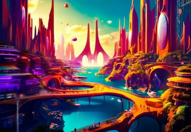 Pintura de una ciudad futurista con un río que la atraviesa IA generativa