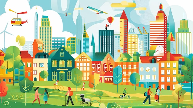 una pintura de una ciudad con gente y una bicicleta
