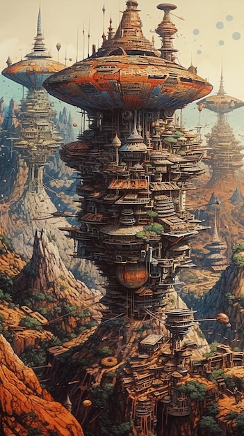 Una pintura de una ciudad gigante con un hongo gigante encima.