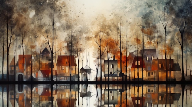 Una pintura de una ciudad junto al agua ai