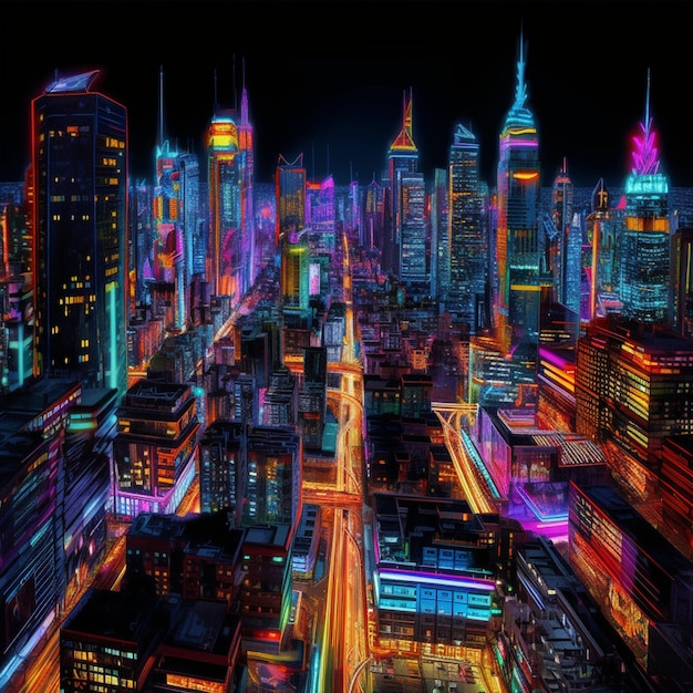 Una pintura de una ciudad con luces de neón.