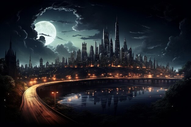 Una pintura de una ciudad con una luna en el fondo
