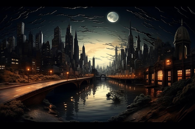 Una pintura de una ciudad con una luna en el fondo