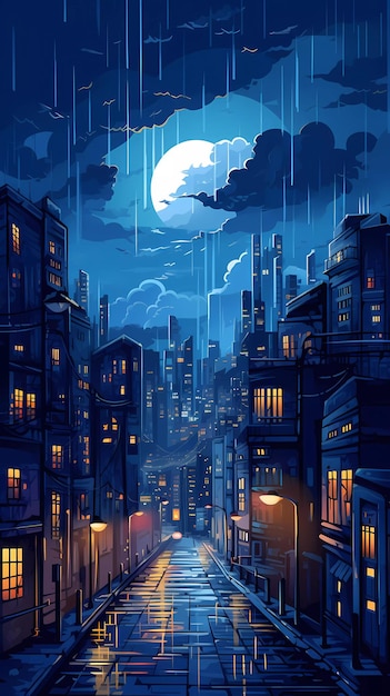 Una pintura de una ciudad con una luna y las palabras 'noche' en ella