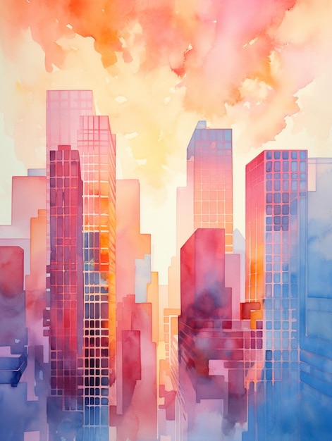 Foto pintura de una ciudad con muchos edificios altos y un fondo de cielo generativo ai