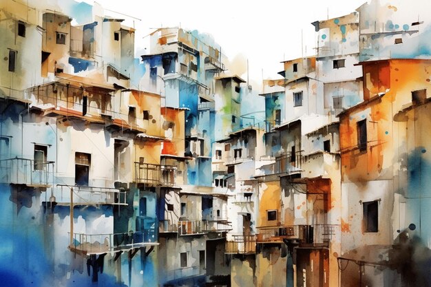 pintura de una ciudad con muchos edificios y balcones generativo ai
