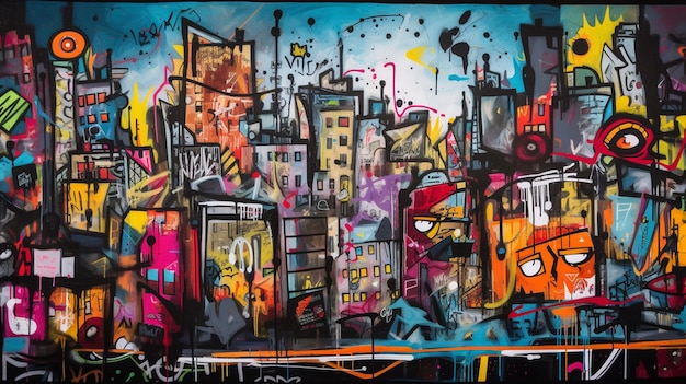 Una pintura de una ciudad con un paisaje urbano de fondo.