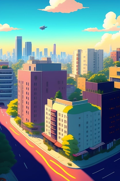 Una pintura de una ciudad con un paisaje urbano de fondo.