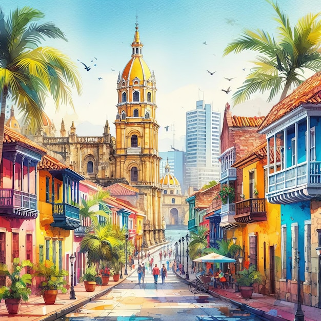 una pintura de una ciudad con palmeras y una iglesia en el fondo