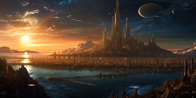 Una pintura de una ciudad con un planeta gigante en el medio.