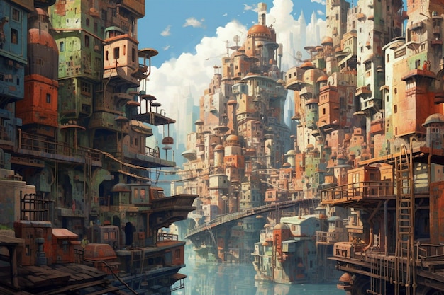 Foto una pintura de una ciudad con un puente al fondo.