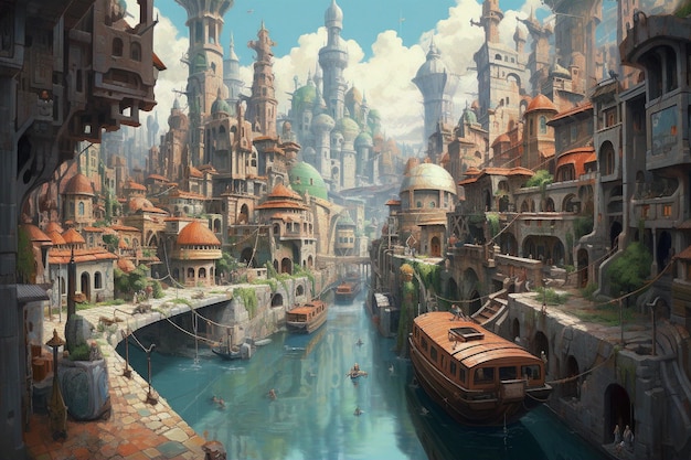 Foto una pintura de una ciudad con un puente y barcos.