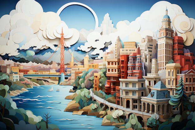 Pintura de una ciudad con un puente y un río en primer plano ai generativo