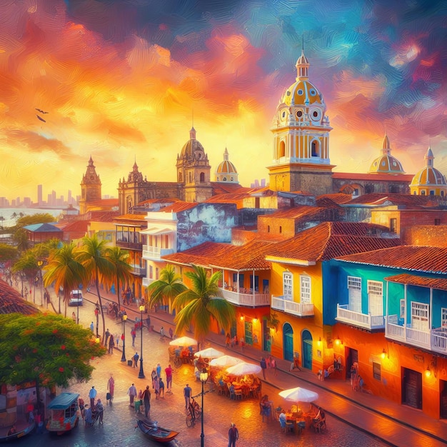 una pintura de una ciudad con una puesta de sol en el fondo