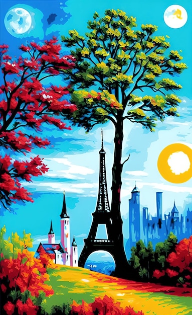 Una pintura de una ciudad con la torre eiffel al fondo.