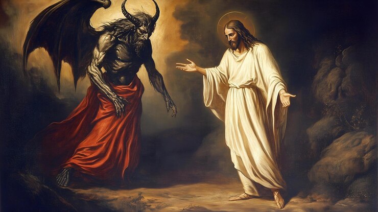 Foto pintura clássica de jesus e o diabo em um confronto dramático simbolizando a estrutura atemporal
