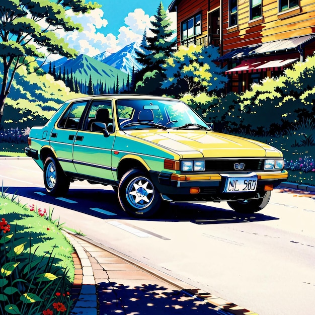 Una pintura de un coche amarillo.