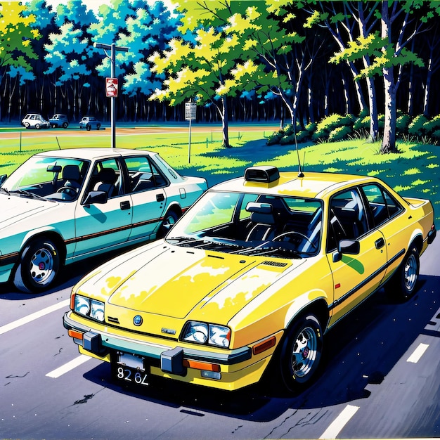 Una pintura de un coche amarillo.