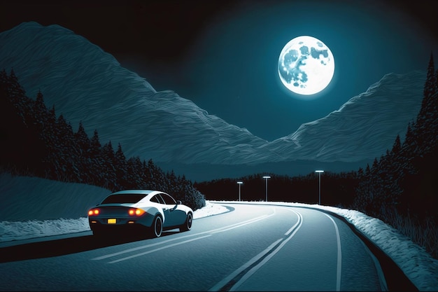 Una pintura de un coche en una carretera con luna llena de fondo.