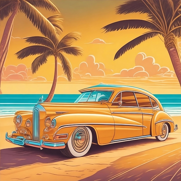 Una pintura de un coche con palmeras en el fondo para el día mundial sin automóviles